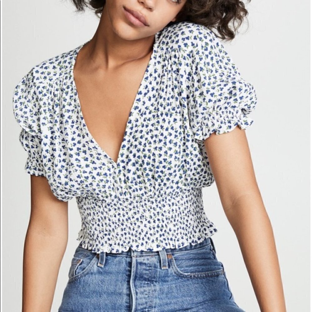 Faithfull the Brand First Light Rae Floral Print Blue White Crop Blouse XS/US2